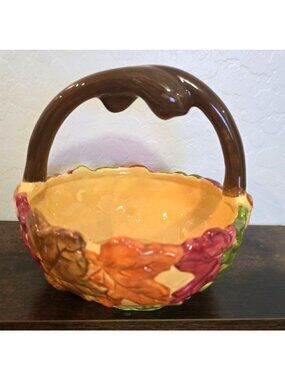 Harvest Handled Ceramic Basket With Decorative Leaf Design 6" x 6 1/4"